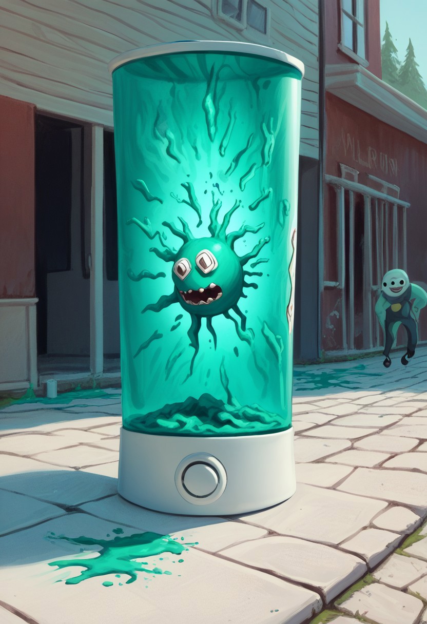 Liquified Carbuncle, pokemon creature stuck in food processor, paint splatter, magic, outdoors, food processor, liminal spaces, backrooms, horror, liminal horror, meme , parody BREAK score_9, score_8_up, score_7_up, score_6_up, score_5_up, score_4_up,