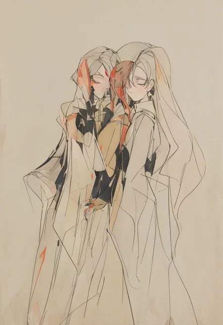 The twins {women} stand in front and behind each other. The person in front is wearing {Harley Quinn makeup} and is fully visible. The one in the back is in foggy and only the left half of {her} natural face is visible. Beautiful and hauntology. Renaissance style. Drypoint art style.
AK, abstract, deconstruction, geometry, geometric composition,paint painting,harmonious colors, black frame,rectangle, tilt, flat painting, framex, horizontal, Constructivism, Fauvism,