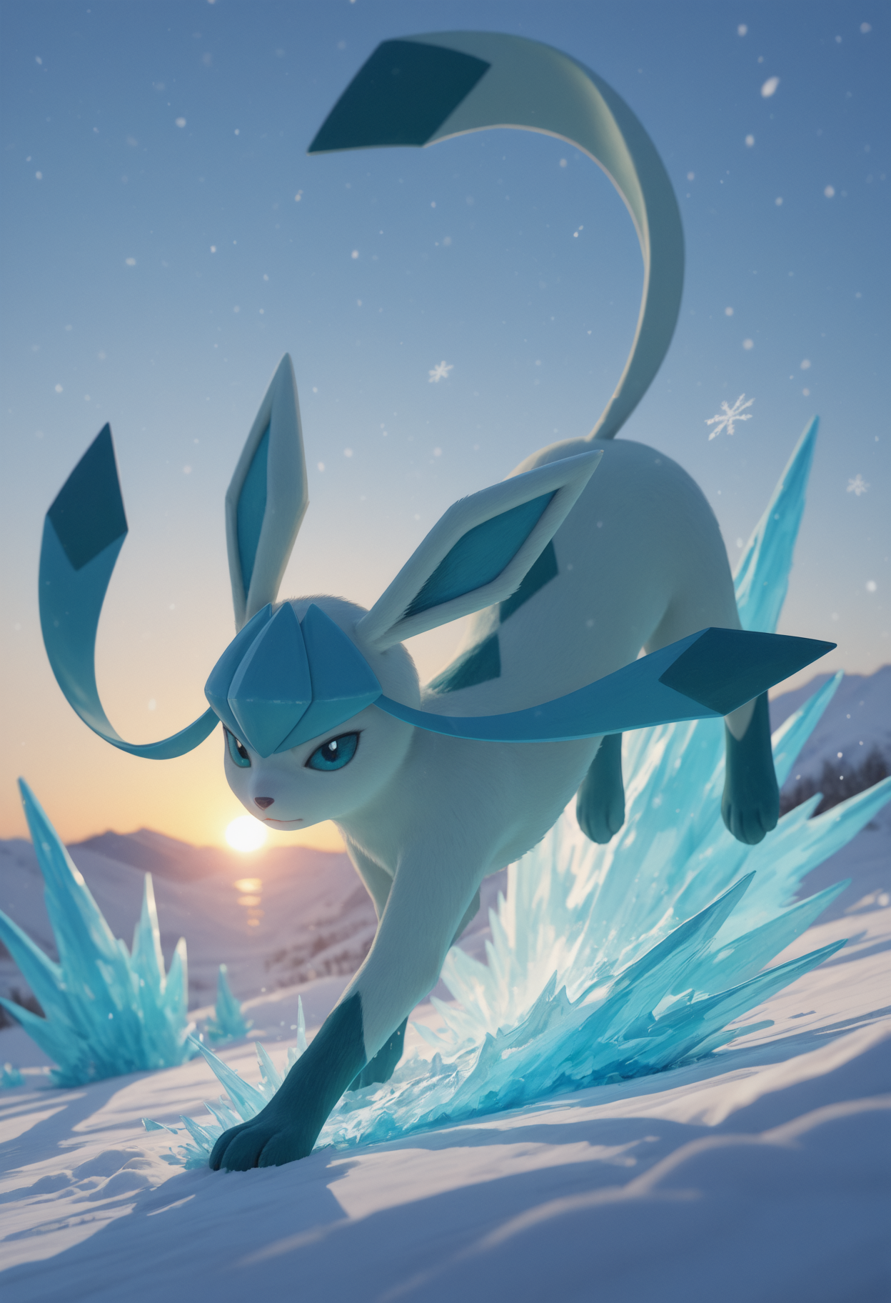 masterpiece, best quality, realistic, dynamic pose, 
,  solo, depth of field, scenery, 
glaceon, pokemon, pokemon_(creature), no human, snowflakes, fur, aura 
ice, snow, sunrise,