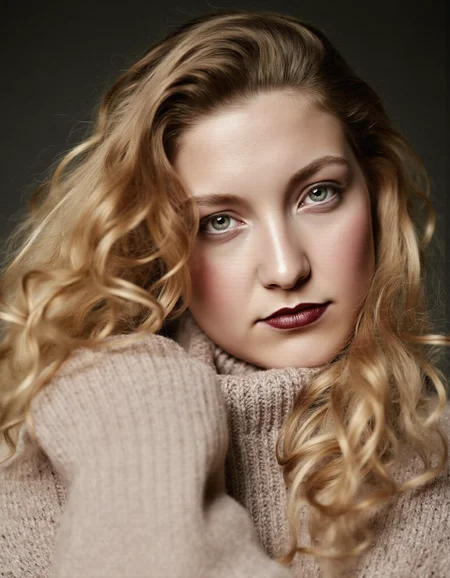 A photography of a young, beautiful woman with flowing, wavy blonde hair styled in soft, natural curls that frame her face elegantly, cascading down to her shoulders. She is wearing a warm, cozy knitted sweater in a soft, neutral tone, adding texture and a comforting feel to the composition. Her lips are painted with a dark wine red lipstick, creating a striking contrast against her porcelain-like, flawless complexion. The light is dramatic and hard, casting sharp, defined shadows that accentuate the contours of her face her high cheekbones, jawline, and the gentle curve of her nose are brought into focus. Her gray-blue eyes are intense and captivating, framed by delicately arched eyebrows and dark, natural lashes. The texture of her skin remains luminous and smooth, with a subtle blush highlighting her cheeks. The background is blurred and muted, providing a neutral contrast that ensures all focus remains on her face and sweater. Individual strands of her hair catch the light, giving depth and realism to the image, while the hard lighting creates a slightly moody, editorial atmosphere, enhancing the dramatic tone. The framing is tight, focusing on her face and upper body, lending the image an intimate yet luxurious feel reminiscent of modern high-fashion photography. katehflx
