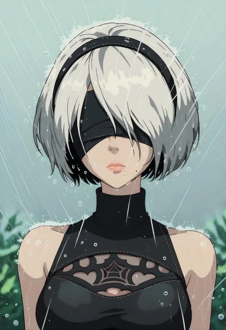 score_9, score_8_up, score_7_up, 1girl, solo, breasts, short hair, dress, bare shoulders, medium breasts, closed mouth, upper body, white hair, hairband, sleeveless, mole, blurry, black dress, lips, wet, depth of field, blurry background, turtleneck, phone, cellphone, black hairband, wet clothes, mole under mouth, facing viewer, smartphone, rain, water drop, blindfold, wet hair, covered eyes, black blindfold, yorha no. 2 type b, GHBL