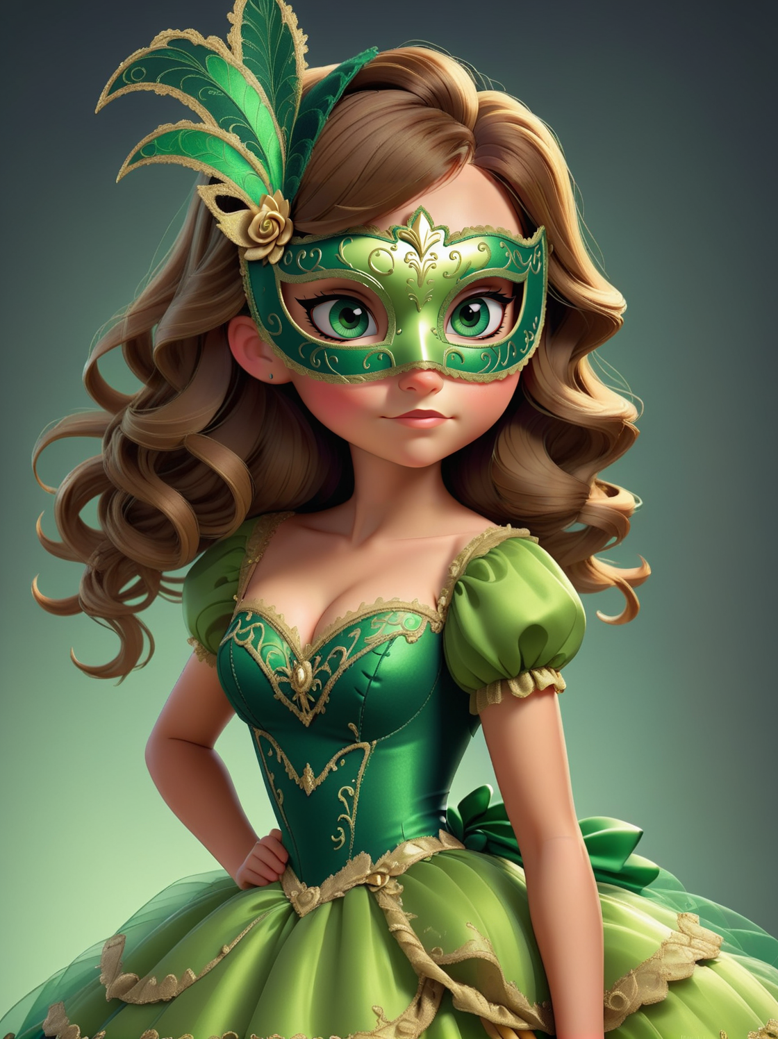 1girl wearing a green (masquerade dress), <lora:masquerade_dress-XL-1.0:1>, 
disney pixar, rendered,
simple background,
oblique angle,
looking over shoulder, pose,
determined