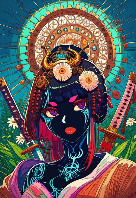 (cogecha:1.2),
acid-art, lsd-art, trippy, samurai, gears, shogun, whirlpool, 
high_contrast,drop_shadow,chromatic_aberration, colorful, flower, black skin, lips, looking away, plant, sword, tattoo, 
masterpiece,best quality, very aesthetic, absurdres, illustration, ai-generated, 
<lora:Daisy-Acid:0.7> <lora:XDetail_light:1>