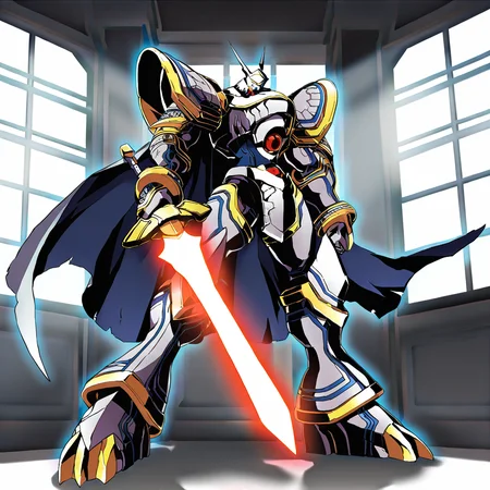 highres, best quality, masterpiece, very aesthetic, newest,solo,1boy,alphamon,energy sword,holding sword,full body,outdoors,standing,indoors,shin megami tensei,cape, <lora:AlphamonPony:1>