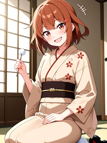 <lora:ikatuchi-yukata-outfit-000009:1>,ikatsuchi-wafuku,maple leaf floral print yukata,decorate black obi,iii iron symbol,brown japanese clothes,brown hair,short hair,1girl,hairclip,solo,hair ornament,fang,wide sleeves,brown eyes,skin fang,alternate costume,tabi,geta,
<lora:Lap_Pillow_Invitation_IL:1>,holding mimikaki,lap pillow invitation,motion lines,
faceless male side lying on her leg,
looking at viewer,blush,+++,open mouth,fang,strong smile,head tilt,doyagao,
window,sunlight,japanese-style room,paper doors,
masterpiece,best quality,newest,absurdres,highres,detailed eyes,beautiful,detailed background,perfect eyes,anime coloring,anime screencap,
<lora:add-detail-xl:1>,<lora:ponyv4_noob1_2_adamW-000017:0.8>,wear clothes,
