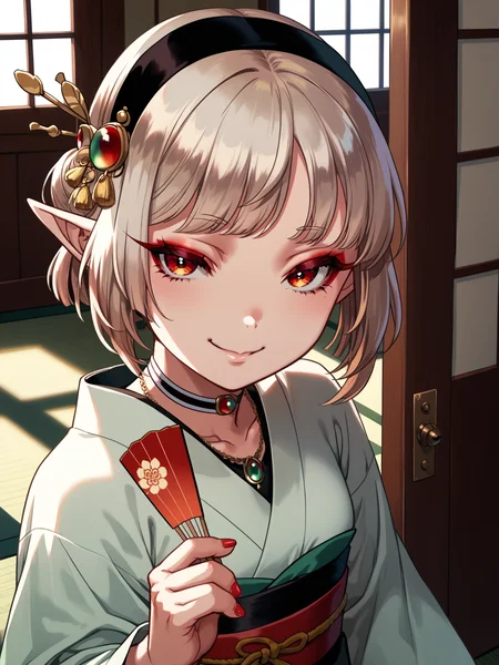 (solo focus, cowboy shot:1.2) <lora:happy_tentacle-fritillaria-v0.2-000030:1>, ht_fritillaria, hairband, choker, jewelry, necklace, pointy ears, (petite:1.2), <lora:Shed_The_Skin's StS_age_slider_v1_initial_release:-1.2> ( :1.1) ( ( head tilt :0.8) , , ( :1.2) , evil smile , (looking at another:1.2) :1.2) , indoors, ((day :0.6), :0.8), ( window :0.9), (furniture:0.9), , , , , ( :0.8), east asian architecture, tatami, (geisha:1.2), japanese clothes, (makeup, red eyeshadow, red eyeliner:1.2), (lipstick:0.6), hand fan, hair ornament, nihongami, kanzashi, hair stick, nail polish, obi, pale skin, white skin, open door, garden, (( from above :1.3) :0.8) score_9, score_8_up, score_7_up, score_6_up, score_5_up, score_4_up, ( [(realistic, photorealistic:1.3):(realistic:1.3):18] [(3d:1.2)::14] :1) <lora:LUUNA's Lunas-NijiJourney-SDXL-B2:0.35>, nijijourney <lora:prgfrg23's Counterfeit-V3.0 Style SDXL_LoRA_Pony Diffusion V6 XL:0.5> <lora:mfcg's mfcgXL:0.12> <lora:reweik's gyokai(himehajime)_PonyXL_style_v01:0.14>