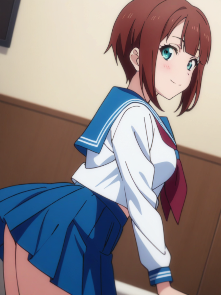 masterpiece, best quality, very aesthetic, absurdres,
kousaka yukiho, brown hair, blue eyes, short hair, <lora:yukiho-sdxl:0.9>,
 serafuku, white shirt, blue collar, blue skirt, red ribbon,
smiling, looking at viewer, from side