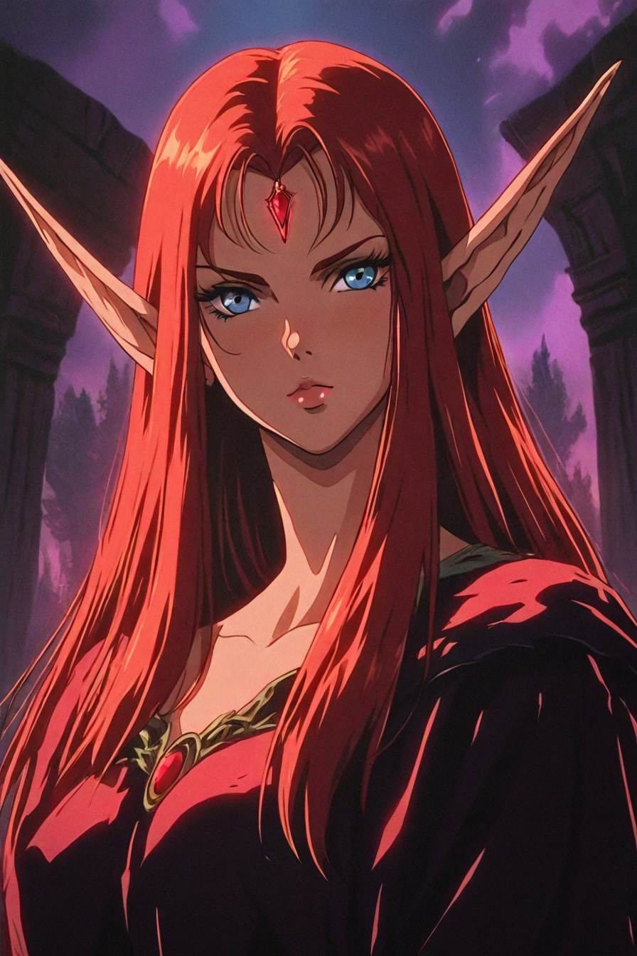 1girl, solo, alone, elf, pointy ears, <lora:dark_fantasy_anime_illustriousXL:1>, dark_fantasy_style, dark fantasy, retro, masterpiece, highres