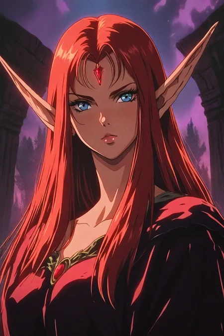 1girl, solo, alone, elf, pointy ears, <lora:dark_fantasy_anime_illustriousXL:1>, dark_fantasy_style, dark fantasy, retro, masterpiece, highres