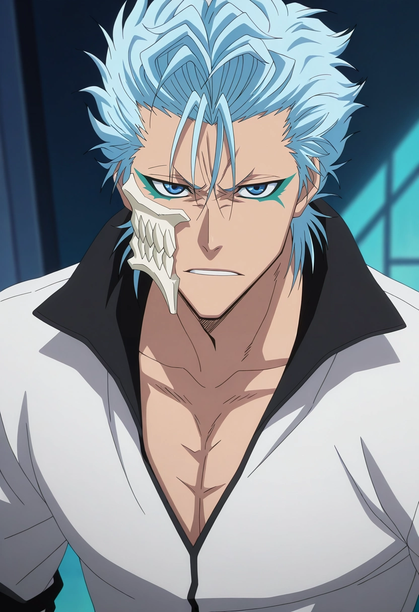 masterpiece, best quality, intricate details, anime screencap, anime coloring, official style, , depth of field, 1boy, solo, male focus, <lora:grimmjow_jaegerjaquez_ilxl:1>, grimmjow_jaegerjaquez, blue hair, blue eyes, facial mark, arrancar, mask, short hair, , camo costume