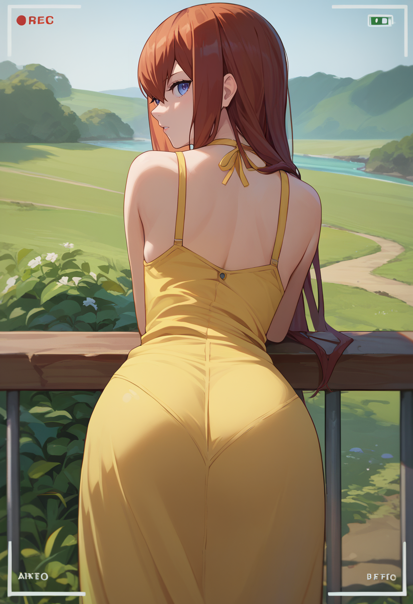 score_9, score_8_up, score_7_up, source anime , 1girl, camera frame ,  <lora:Camera frame-000016:1>   <lora:steinsgate_makise_ponyXL:1> makise kurisu, yellow sundress, looking back, from behind, looking at viewer, outdoors,