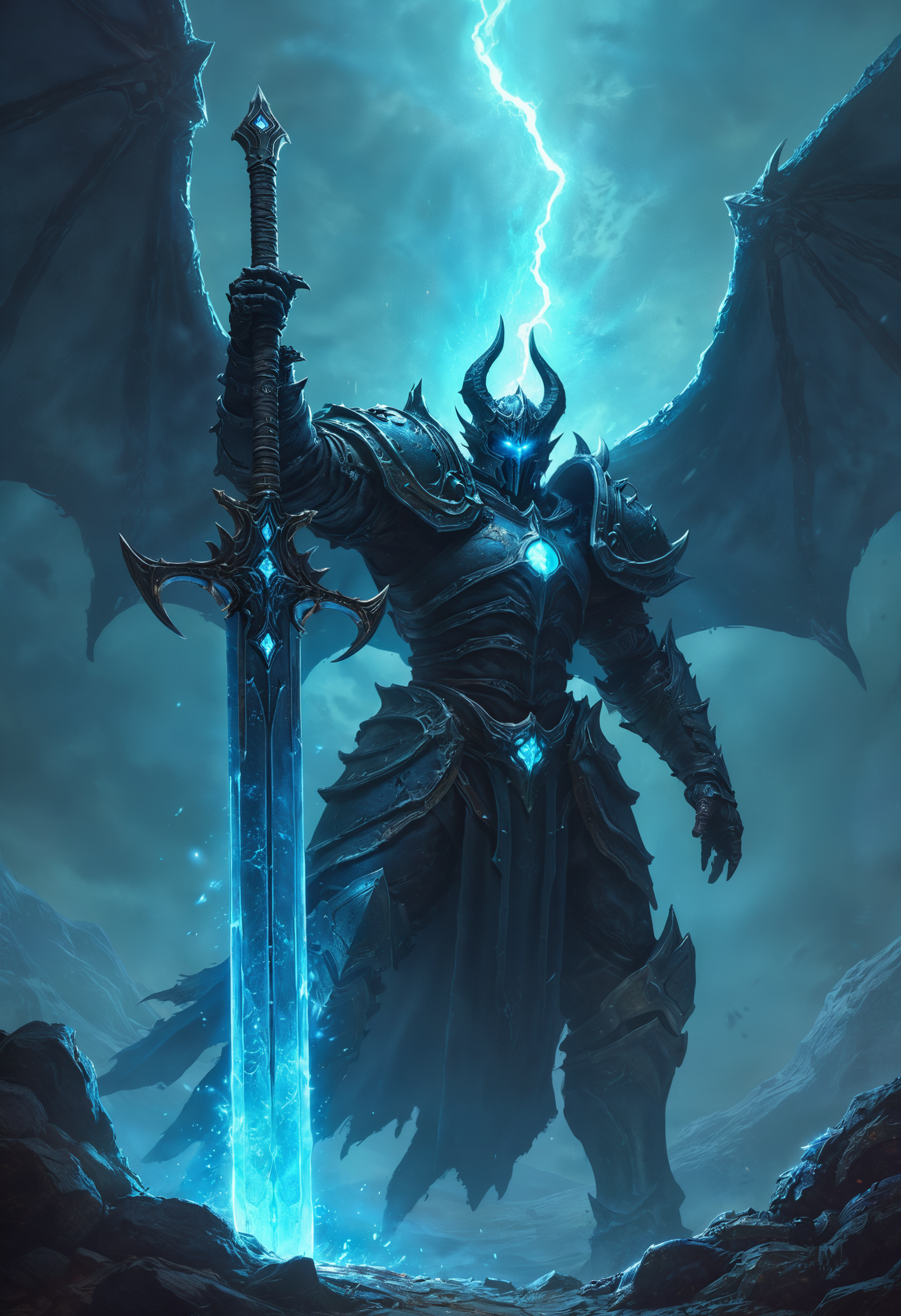 highly detailed and hyper realistic, a panoramic full shot of a Death Knight holding a giant glowing sword in a highly dynamic pose, low angle view, concept art, fantasy art, Lich King, splash screen art, cyborg necromancer, epic full color illustration, in dark souls manner, fallen knight, wraith, overlord, Wow, dark
<lora:xl_more_art-full_v1:0.5> <lora:add-detail-xl:1>