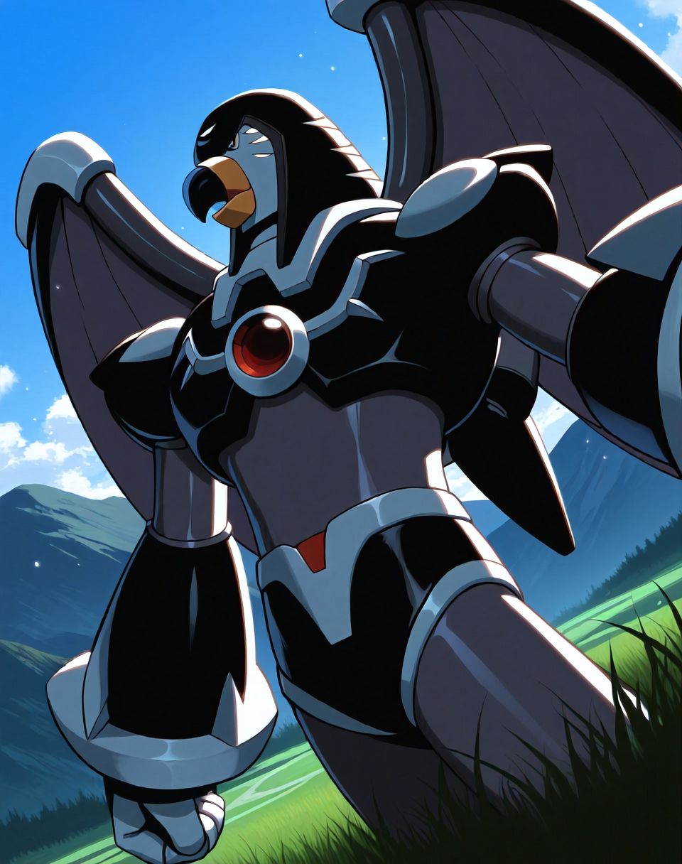 <lora:Flame_Falcon_(Mega_Man_X)_(Illustrious)_(AD):1.5> Flame Falcon, reploid, MMX, 
exterior, blue sky with clouds, mountain valley, grassy valley,
dutch angle, dynamic action, cowboy shot,
male focus, intense shadows, dynamic shadows, intricate details, attention to details, gradient coloring, robot, bright vivid colors, deep metallic colors, glossy metal body, wings, beak, 
BREAK very awa, masterpiece, best quality, amazing quality, very aesthetic, highres, absurdres,
EZRealPONYXL, zPDXL, Smooth Quality, lazynsfw,