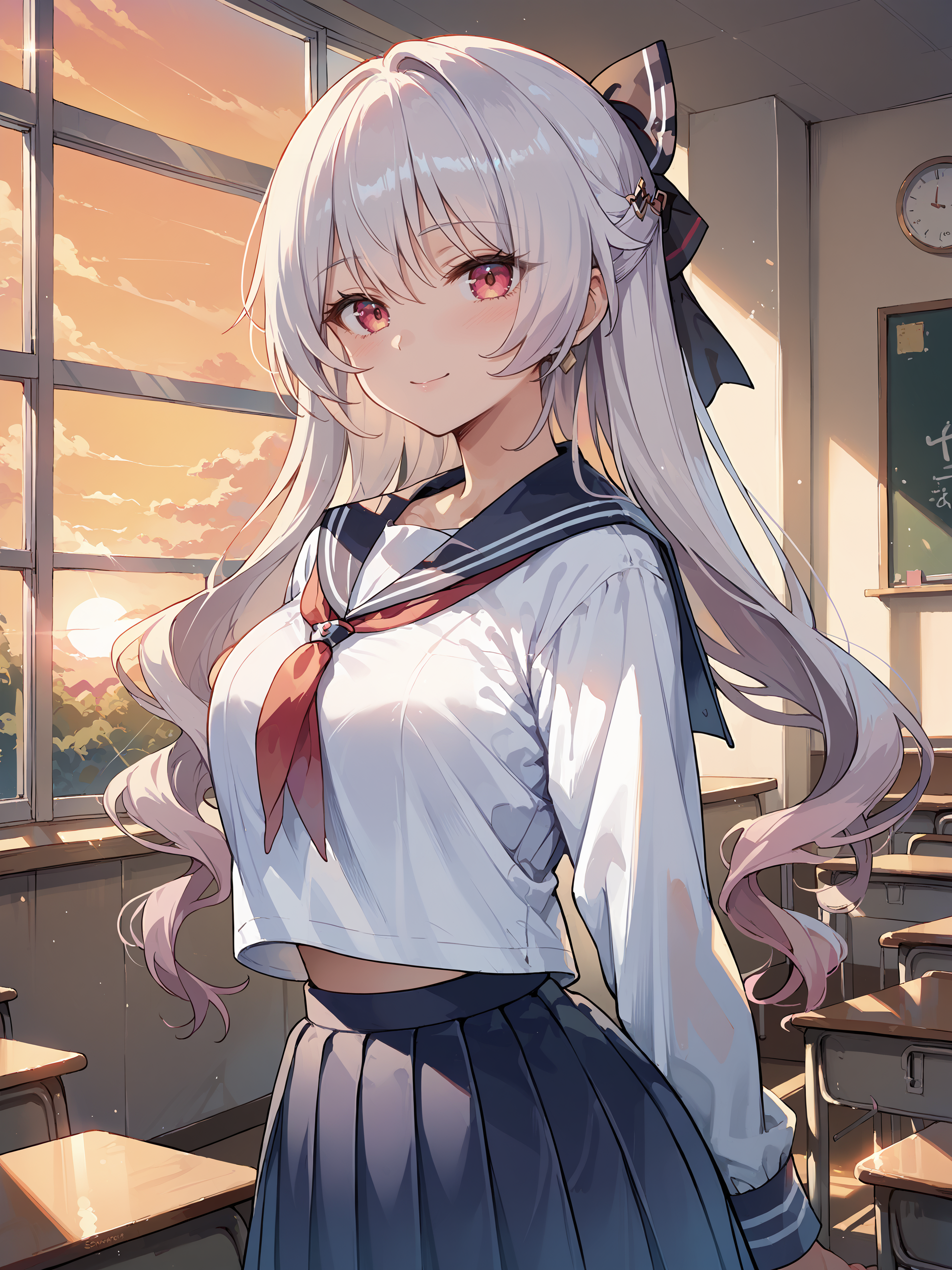score_9, score_8_up, score_7_up, source_anime, 1girl, theresa apocalypse, solo, hair bow, school uniform, serafuku, cowboy shot, backlighting, sunbeam, sunset, classroom, indoors, window, light smile, blush, looking at viewer, facing viewer  <lora:Char-Honkai-Theresa-Pony-V1:0.9>
