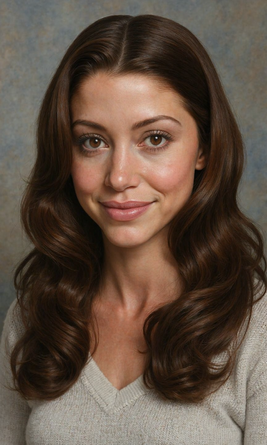 A photorealistic digital artwork presents an intimate close-up, eye-level portrait focusing solely on the face and upper shoulders of a young adult woman, rendered in full, natural color. The subject is positioned slightly off-center, her head turned gently about three-quarters towards the viewer, with a subtle downward tilt, creating an engaging and contemplative connection. Her body pose features slightly angled shoulders, suggesting a relaxed and natural posture within the tight framing. The composition emphasizes her facial features and expression against a simple background. Her face possesses finely detailed, smooth skin texture with subtle, realistic variations in tone. Her eyes, characterized by their expressive shape and clear gaze directed towards the viewer, are framed by well-defined eyebrows that follow a natural arch. A defined nose structure and sculpted cheekbones are visible. Her lips are full and gently curved into a soft, closed-mouth smile, appearing natural and healthy. Her hair, abundant and possessing a soft, touchable texture with gentle waves or curls, cascades elegantly, framing her face and falling partially onto her shoulders and out of the frame, adding volume and softness to the composition without revealing its full length or specific style beyond its texture and framing quality. The visible portion of her clothing suggests a simple neckline made of a soft fabric, subtly textured but not drawing focus from her face. The background is intentionally minimal and softly defocused, perhaps featuring abstract, muted tones or gentle gradients that complement the subject without distracting. The lighting is soft and directional, likely originating from one side, masterfully sculpting her features with delicate highlights on her cheekbones, nose, and brow, while casting gentle, flattering shadows that create depth and dimension, enhancing the portrait's intimate and serene mood.
 <lora:Shannon Elizabeth V3:1> <lora:CREEPY PASTEL CARICATURE:0.5>