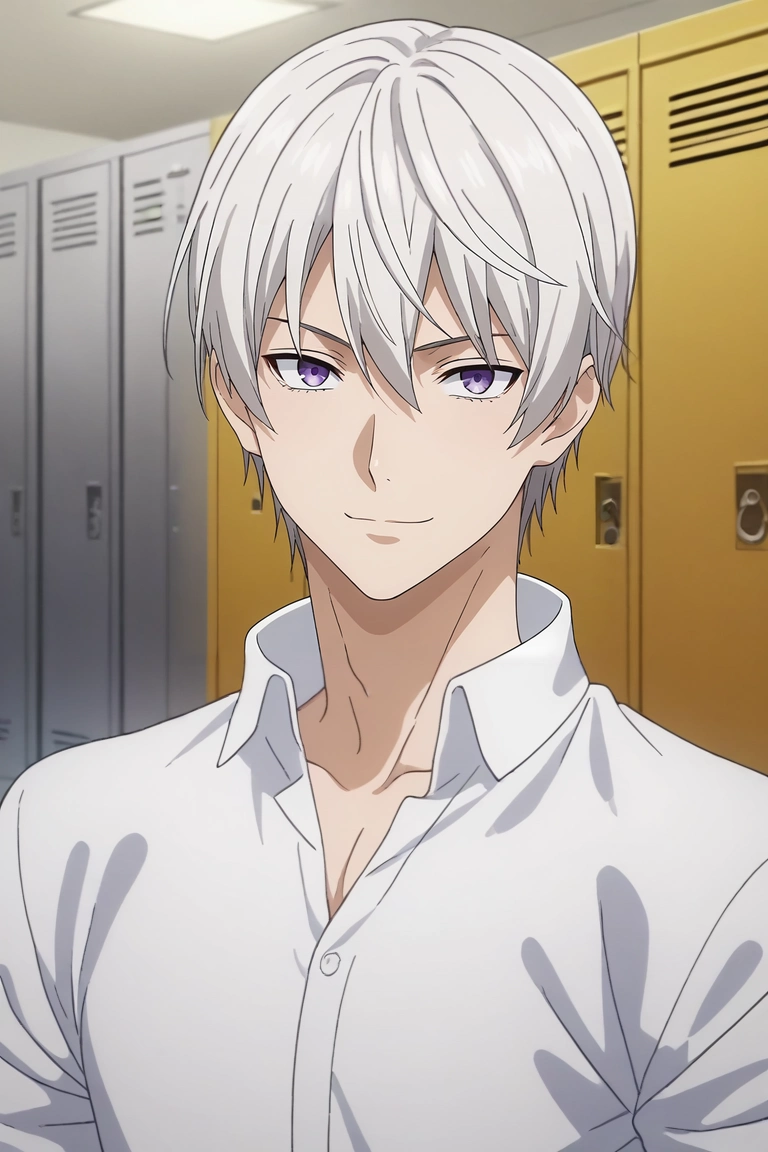 score_9, score_8_up, score_7_up, source_anime, rating_safe, intricate details, anime screencap, anime coloring, official style, looking at viewer, , 1boy, solo, male focus, <lora:eishi_tsukasa_pony:0.8>, eishi_tsukasa, white hair, purple eyes, short hair, hair between eyes, panorama, locker room, dawn, dynamic pose, smirk, , <lora:sdxl_lightning_8step_lora:1>