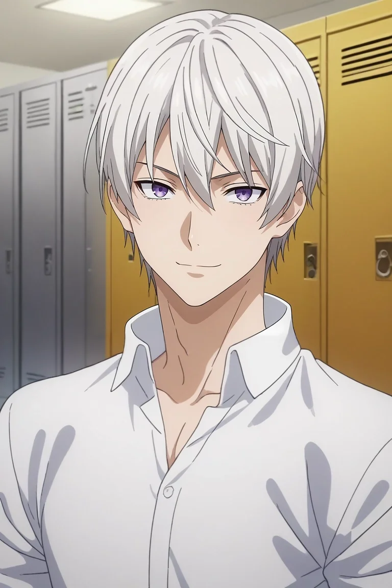 score_9, score_8_up, score_7_up, source_anime, rating_safe, intricate details, anime screencap, anime coloring, official style, looking at viewer, , 1boy, solo, male focus, <lora:eishi_tsukasa_pony:0.8>, eishi_tsukasa, white hair, purple eyes, short hair, hair between eyes, panorama, locker room, dawn, dynamic pose, smirk, , <lora:sdxl_lightning_8step_lora:1>