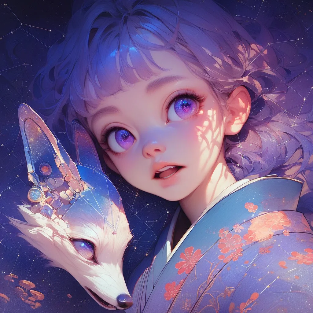 aaPO8bd, score_9,score_8_up,score_7_up,score_6_up,score_6_up, 1girl, eye focus, bangs, purple eyes, closed-up, light particles, open mouth, eyelashes, teeth, fox, kimono, constellation, aesthetic, gorgeous, cute