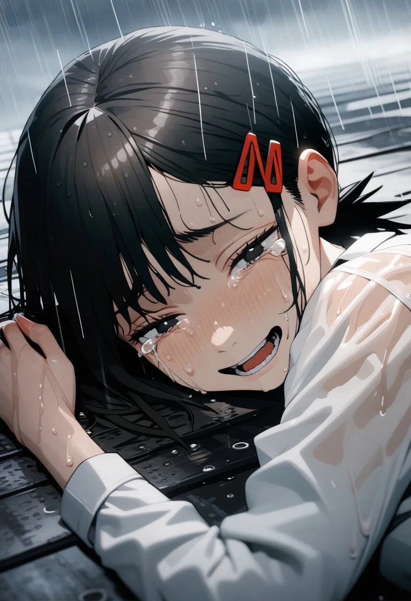 (illustration, 3DMM, 1girl, higashiyama kobeni, chainsaw man, tears, smile, lying on side, cloudy sky, rain, sunlight, wet, sad, masterpiece)