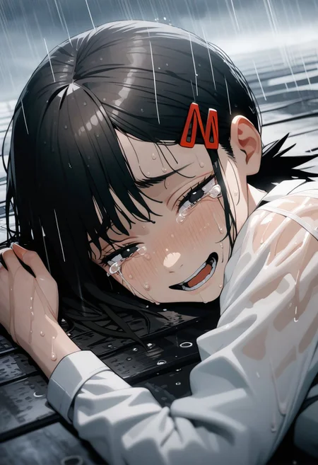 (illustration, 3DMM, 1girl, higashiyama kobeni, chainsaw man, tears, smile, lying on side, cloudy sky, rain, sunlight, wet, sad, masterpiece)