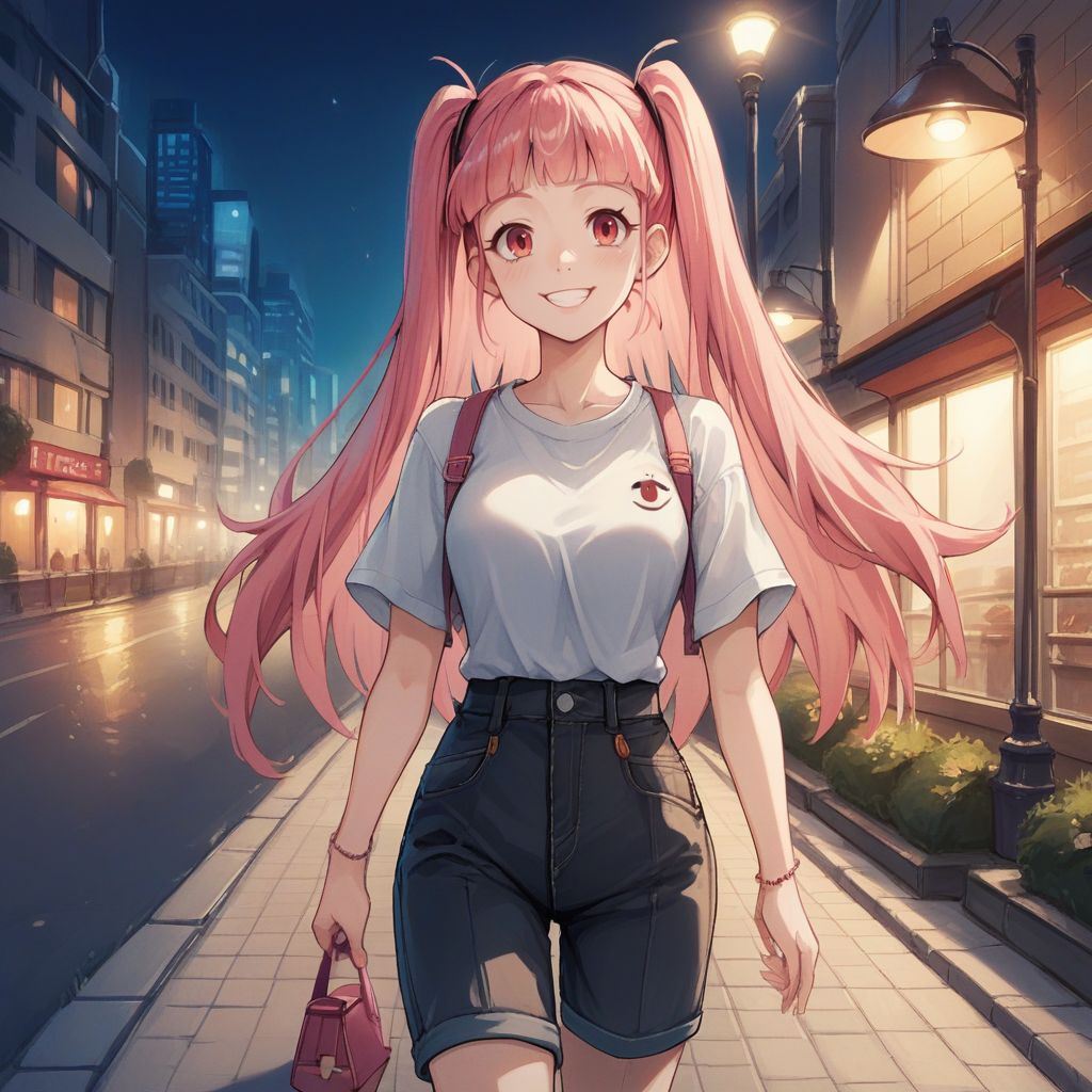 zPDXL2,score_9, score_8_up, score_7_up, score_6_up, score_5_up, score_4_up, source_anime, 1girl, solo, looking at viewer, walking, smile, night time, night, urban,  cowboy shot, close up, hilda_valentine_goneril  , <lora:Sidewalk:0.7> s1dew4lk, building, sidewalk, next to street, outdoors,