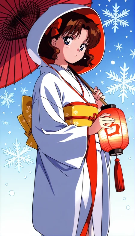 masterpiece,best quality,amazing quality,1990s \(style\),OsakaNaru ill,1girl,solo,blue eyes,short hair,brown hair,hair bow,japanese clothes,kimono,umbrella,oil-paper umbrella,hand fan,lantern,sash,obi,snowflakes,looking at viewer,wataboushi,folding fan,hood,paper lantern,uchikake,holding,<lora:OsakaNaru ill:0.8>,