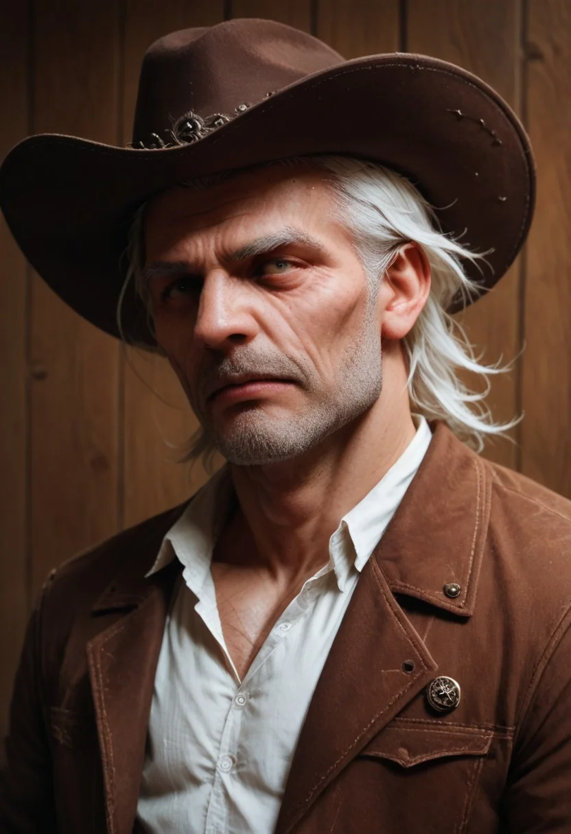 score_9, score_8_up, score_7_up, score_6_up, 1boy, very old, rugged, scarred face, sunken eyes, wrinkles, rancher, cowboy hat, white hair, sooty, tragic