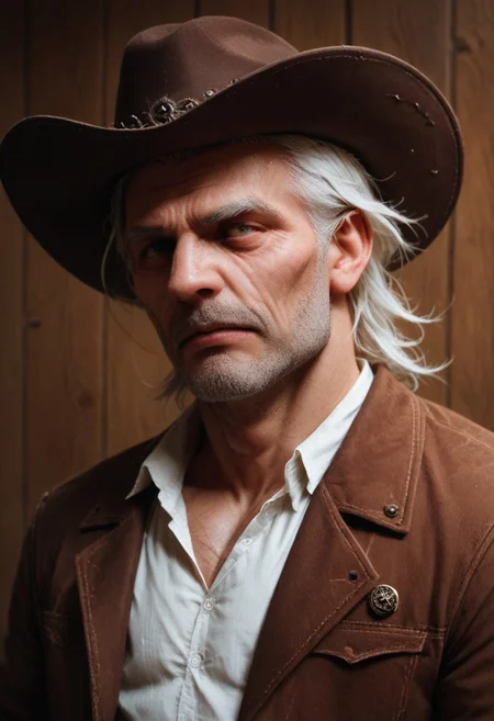 score_9, score_8_up, score_7_up, score_6_up, 1boy, very old, rugged, scarred face, sunken eyes, wrinkles, rancher, cowboy hat, white hair, sooty, tragic