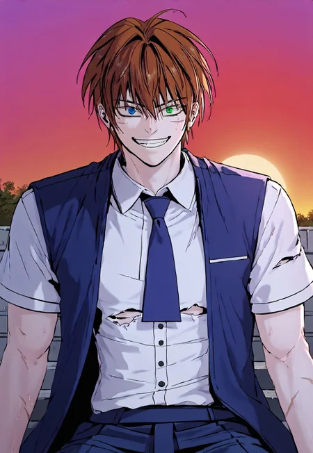 score_9, score_8_up, score_7_up, score_6_up, source_anime, 2d, 1boy, sweaty, smirk, sluttish, lewd, athletic build, abs, pecs, <lora:add_detail:0.3>, handsome blue and green eyes boy, athletic body, full scars, manly boy, male focus, solo, <lora:Chaos__Hero_Killer__Manhwa__webtoon:0.92>, Chaos, heterochromia, blue eye, green eye, auburn hair, middle hair, scars all over the body, perfect face, (perfect face, perfect eyes:1.2), looking at viewer, bishounen, toned male, athletic build, large pectorals, abs, six pack, pecs, cute boy in his mid twenties, <lora:0917 torn student shirt_v1_pony:1>, ruanyi0917,torn clothes,school uniform,white shirt, (((sitting at edge of rooftop, legs dangling into the air))), six pack, scar all over the body, detailed hair, detailed face, detailed eyes, detailed clothes, detailed skin, ultra-detailed, (upper body), (top quality), extremely detailed, extremely detailed CG, (high resolution), highly detailed, (high quality), (perfect quality), (vibe colors), detailed mouth, detailed ears, detailed eyes, detailed clothes, detailed nose, perfect ears, two colored eyes, perfect face, detailed face, extremely detailed hair, masterpiece, best quality, muscular, high quality, UHD, 4K, Intricate Details, extremely detailed wallpaper, perfect lighting, forest background, very handsome face, evil smile, full body scar, detailed nose, heterochromia, blue eye, green eye, perfect nose, sunset, no lips, see through trunk