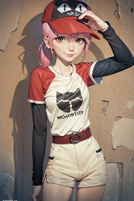(masterpiece, best quality:1.2), haruko, flcl, 1girl, solo, smirk, baseball outfit, blue bass guitar on back, pink hair, ponytail, yellow eyes, (black cat shirt, black cat hat, black long sleeves, white shorts)<lora:HARUKO-15:0.8>