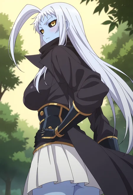 score_9, score_8_up, score_7_up, source_anime, 2d, LalaMM, 1girl, blue skin, white hair, long hair, black-yellow eyes, big breasts, black scarf, black coat, metal armor, metal gloves, white skirt, anime coloring, anime screencap, detailed eyes, zPDXL, perfect faces, uncensored, rating_explicit, <lora:lalamm_0-000035:1>, from side, ass, looking back, forest, from below,