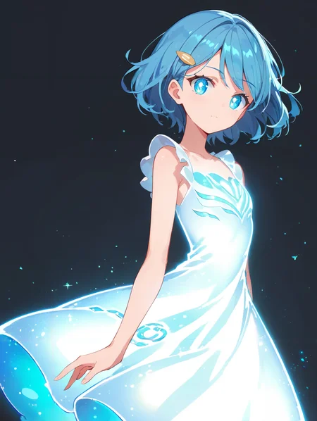 score_9, score_8_up, score_7_up,source_anime, high res image,masterpiece,best quality,(girl:1.0),cute face,clear skin,shiny hair,ultra detailed eyes,simple background, <lora:glow dress_pony_V1.0:0.6> glow dress, henshin,white dress