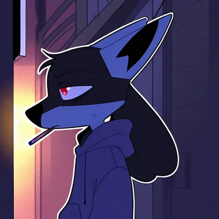 sinnerpen,
masterpiece,best quality,amazing quality, sfw,
BREAK
solo, lucario, male, no human,
BREAK
1boy,  displeasure expression, tired, hoodie, hood,
standing, smocking, 
from side, half body, night, dark ambient, cigarette light, alley, focus face