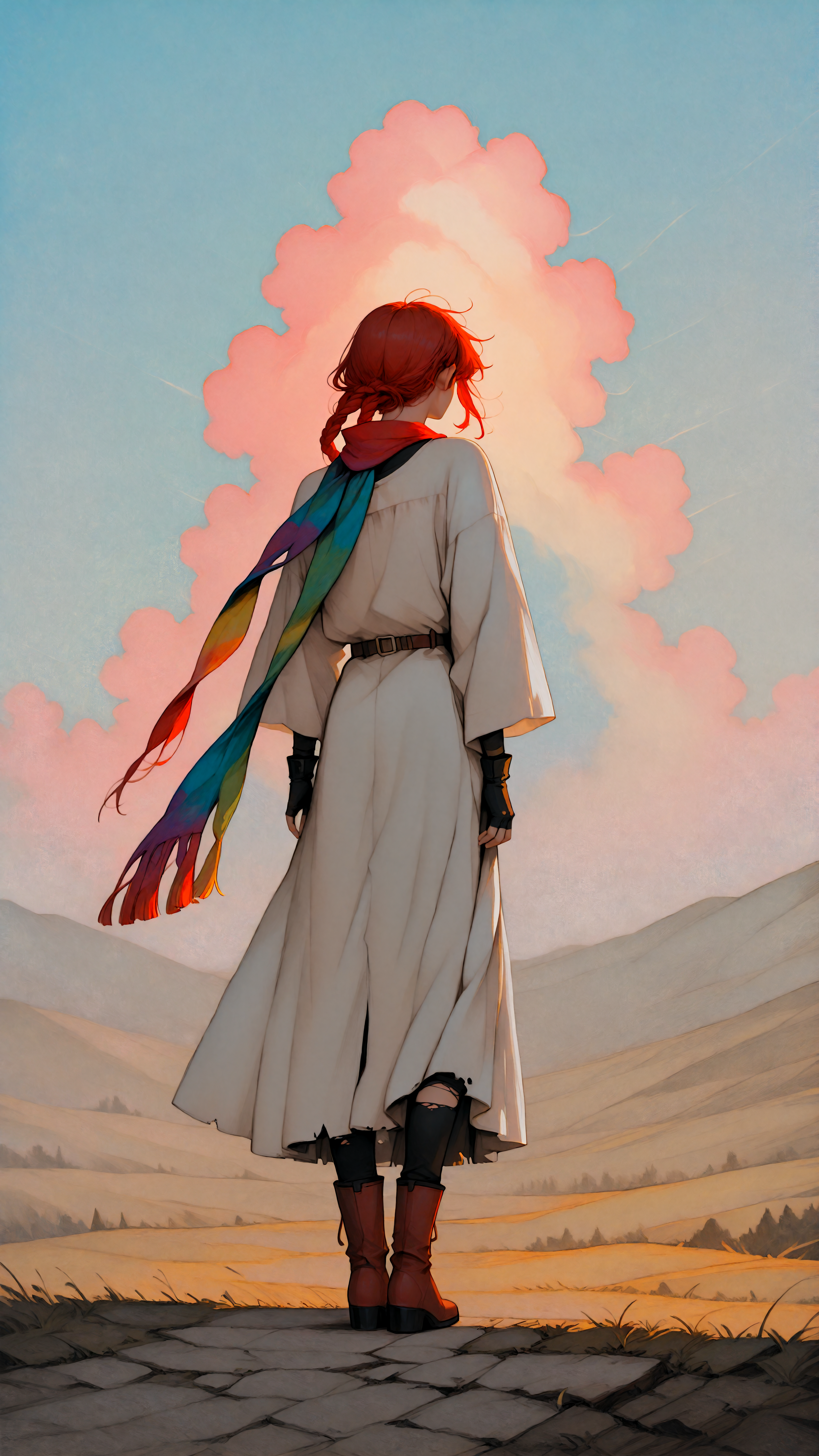 masterpiece, newest,absurdres,incredibly absurdres, best quality, amazing quality, very aesthetic,traditional media, abstract background, colorful, brush stroke, expressionist style,
1girl, solo, standing on hill, back view, wind, hair ong hair, braided hair, red hair, flowing scarf, rainbow scarf, high boots, asymmetrical dress, long coat open in the wind, layered outfit, torn hem, fingerless gloves, belt with pouches, dramatic sky, colorful sky, abstract background, wind, open landscape, brush stroke, expressionist style, emotional, vibrant colors, symbolic, full body,
<lora:style1_v1_Illusv2.0_1:1> stylized  <lora:aosiai123_style:1> traditional media,  aosiai123_illu