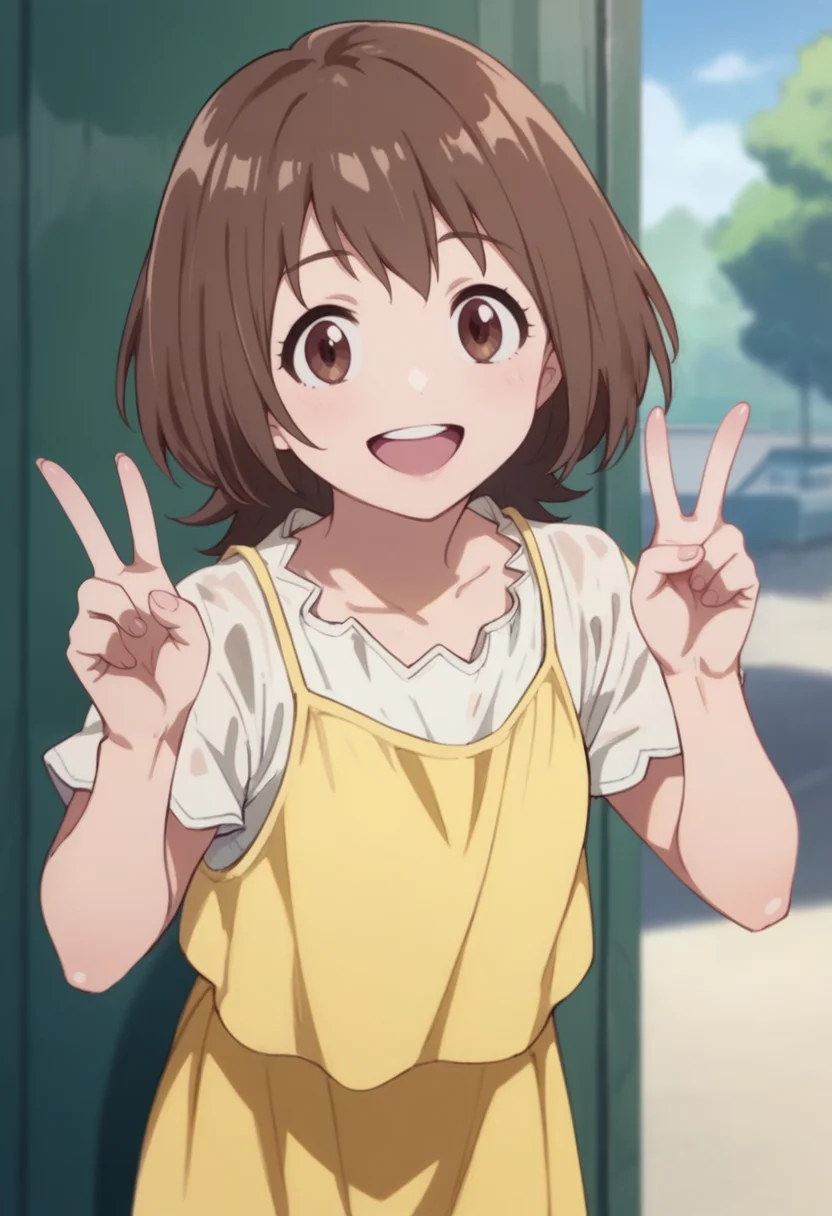 score_9_up,score_8_up,score_7_up,<lora:NPA_KN_v0.9_PONY-000022:1>,
NPA_KN,1girl,solo,smile,brown hair,looking at viewer,brown eyes,white shirt,yellow dress,short hair,cowboy_shot,upper teeth only,open mouth,double v