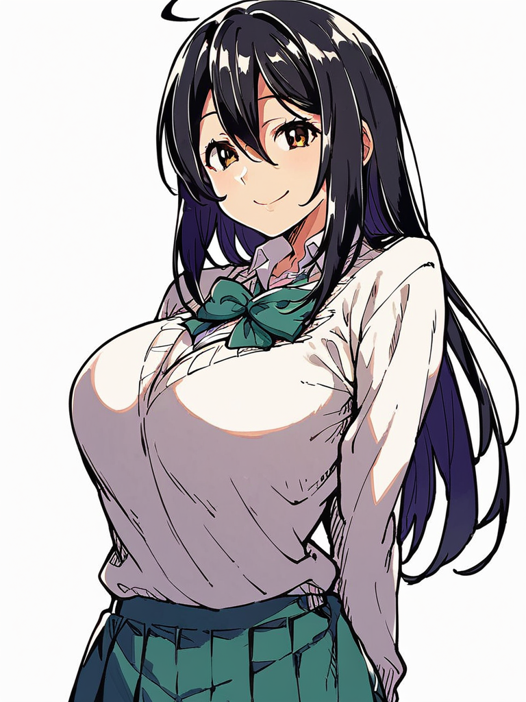score_9, score_8_up, score_7_up,  
1girl, brown eyes, yuuka ke, long hair, black hair, large breasts, ahoge,

school uniform, pleated skirt, sweater, bowtie, white shirt, long sleeves, white background, smile, looking at viewer, closed mouth, arms behind back, solo,
