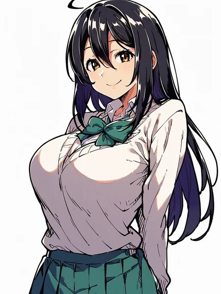 score_9, score_8_up, score_7_up,
1girl, brown eyes, yuuka ke, long hair, black hair, large breasts, ahoge,
school uniform, pleated skirt, sweater, bowtie, white shirt, long sleeves, white background, smile, looking at viewer, closed mouth, arms behind back, solo,