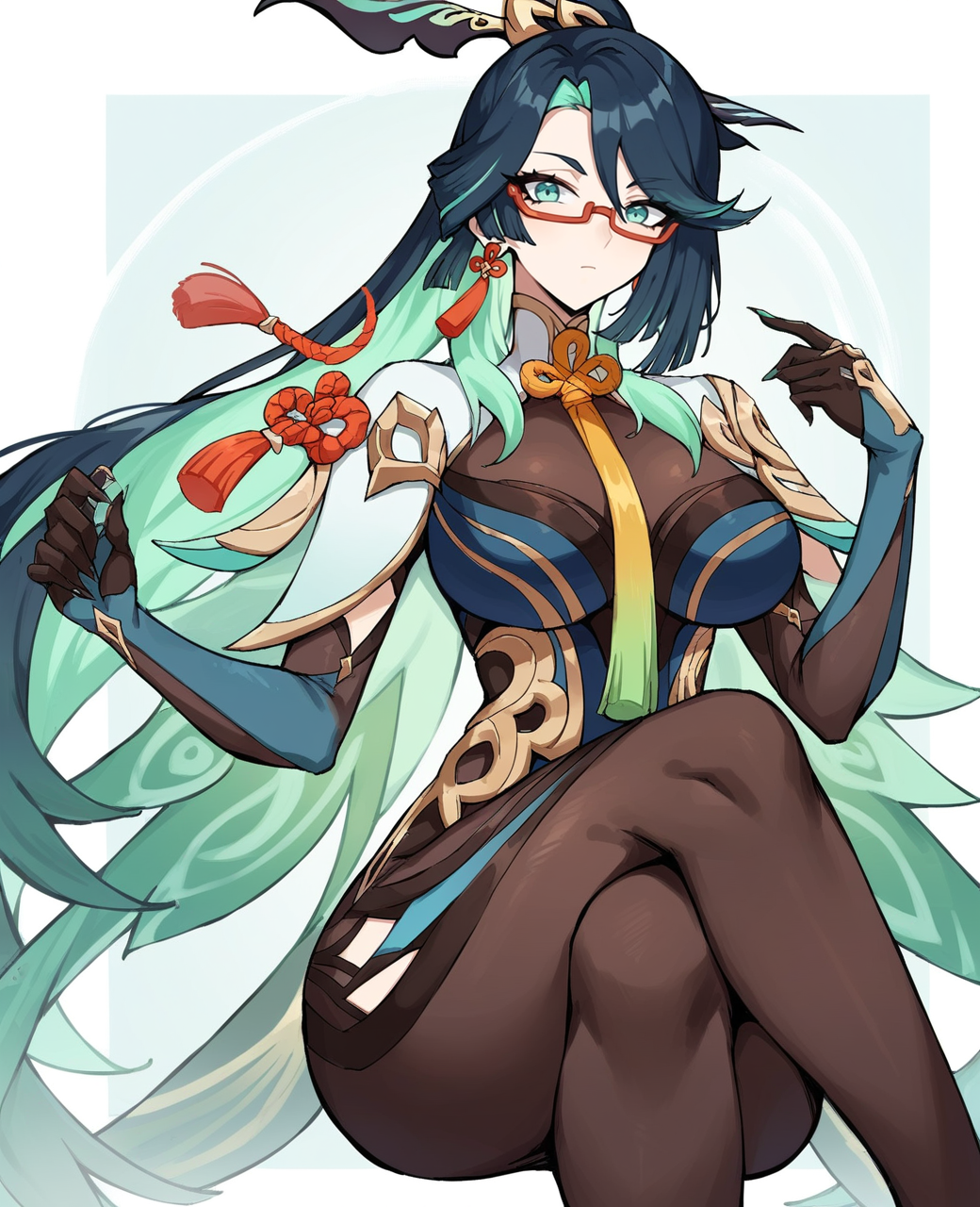 score_9, score_8_up, xianyun \(genshin impact\), 1girl, aqua eyes, black hair, breasts, colored inner hair, crossed legs, earrings, glasses, gloves, green hair, hair ornament, jewelry, large breasts, long hair, long sleeves, looking at viewer, multicolored hair, two-tone hair, very long hair,
 <lora:Xianyun_genshin_V1:1>