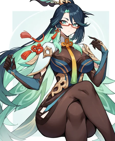 score_9, score_8_up, xianyun \(genshin impact\), 1girl, aqua eyes, black hair, breasts, colored inner hair, crossed legs, earrings, glasses, gloves, green hair, hair ornament, jewelry, large breasts, long hair, long sleeves, looking at viewer, multicolored hair, two-tone hair, very long hair,
 <lora:Xianyun_genshin_V1:1>