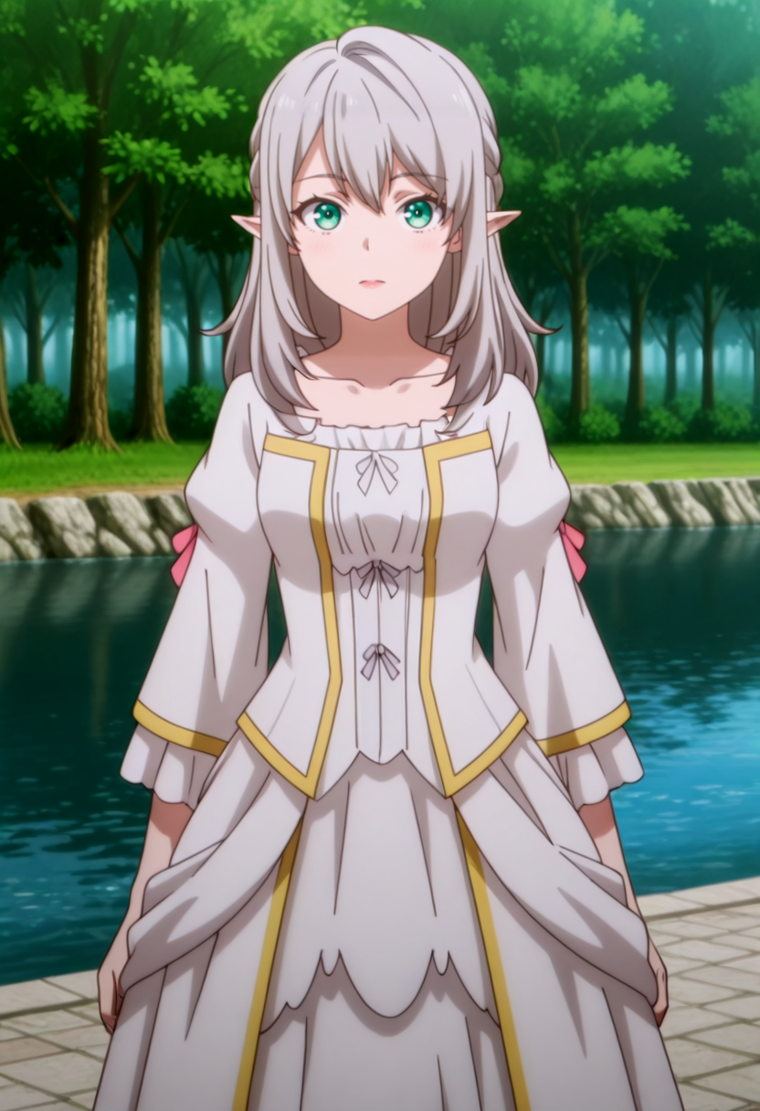 masterpiece,high quality,highres,absurdres,(,,,<lora:Young Tessia_IL:0.8>,,,,Young Tessia,1girl,gray hair,pointed ears,elf,green eyes,,<lora:empress_outfit1:1.1>,,empress_outfit1,masterpiece,best quality,ultra-detailed,(pure white dress:1.3),(gold embroidery:1.2),(pink ribbon accents:1.1),corset-style bodice,lace-up detail,puffed sleeves with gold trim,multi-layered skirt with ruffled hem,soft glowing fabric,volumetric lighting,intricate textures,(high-resolution:1.2),dynamic shading ),forest,river,exposed nick,exposed collarbone,
