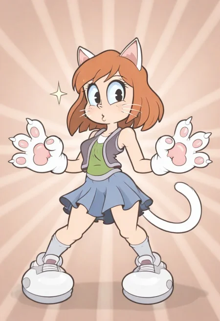 masterpiece, best quality, highly detailed, high resolution, absurdres, amazing quality, intricate detail, RetroXL, toon \(style\), flat color, black eyes, cat ears, cat tail, whiskers, big eyes, large head, small body, eye sparkle, starburst background, skirt, socks, shoes, vest, sleeveless, paw gloves, large paws,
