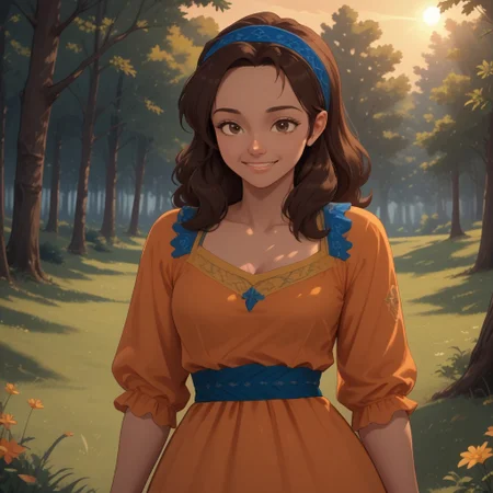 score_9, score_8, BREAK, solo, brown hair, brown eyes, blue ribbon, blue long dress, black shoes, dark skin, dark skin female, Isabel_(Elena_Of_Avalor), cute, sexy pose, self portrait, smile, outdoors, sunlight, shadows, evening lighting, natural lighting, forest, trees, grass, orange sky, sunset