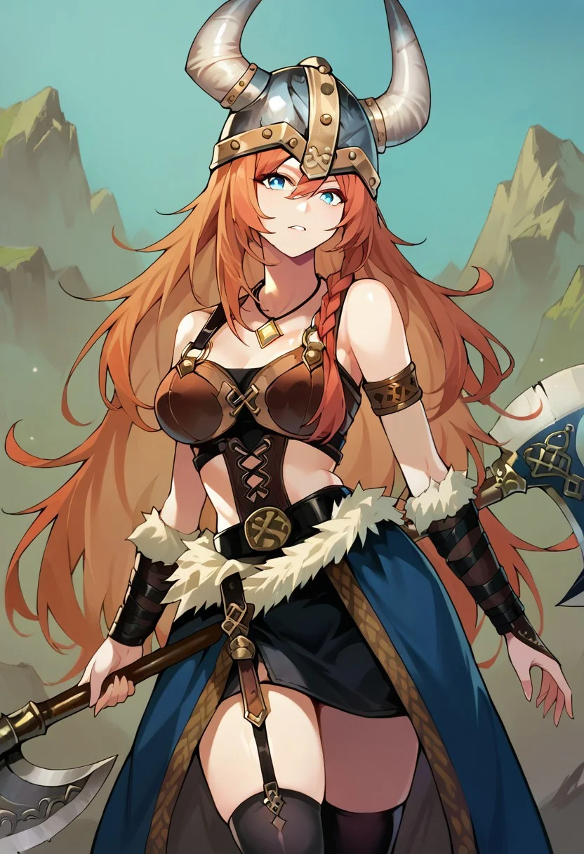 score_9, score_8, score_7, source_anime, viking, blue eyes, thighhighs, large breasts, very long hair, necklace, animal ears, horned helmet, side braid, bare shoulders, battle axe