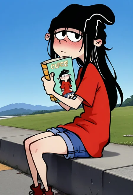eddboi, sockhead, smooth black beanie, red shirt, blue shorts, 1girl, solo, female, adult, woman, long hair, waist long hair, sitting on curb, holding books, looking at viewer, cute, blue sky, sunny day, side view, faint blush,