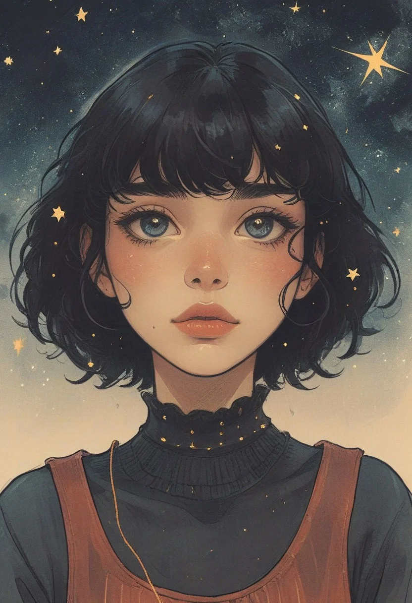 Ink illustration, (anime:0.1), aged black paper, inkpunk
1 girl, solo, parted lips, slim build, refined beauty, medium breasts, dark-skinned, curly short black hair, crop top, dolphin shorts, big ass, wide hips, choker, portrait, starry background, looking at viewer, upper body, close up,
Stylized image with sharp lines and saturated colors
cheerful expression with a hint of flirtation; blush;