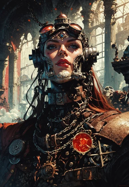 score_9, score_8_up, score_7_up,
Imagine Alice in a steampunk-inspired Wonderland, filled with intricate brass machinery, steam-powered contraptions, and clockwork creatures. Alice, now a daring inventor, wears a corset-laced blue dress with leather accents, a pocket watch on a chain, and goggles perched atop her head. The Mad Hatter hosts tea parties with mechanical teapots pouring endless cups, while the Cheshire Cat appears as a hologram projected by gears and spinning disks. The Queen of Hearts rules a vast industrial empire, her minions clad in iron armor with gears churning as they move. The landscape is a mix of Victorian elegance and industrial chaos, with airships floating in the smog-filled skies and sprawling mechanical gardens powered by steam vents. The atmosphere is vibrant yet gritty, a blend of whimsy and the hard edges of industrial ingenuity