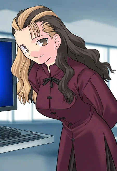 masterpiece, best quality, <lora:Tsukihime NXL:1>,solo,masterpiece, best quality, 
1girl, female focus, large breasts,  solo, brown eyes, brown hair, dark brown hair, black hair, blonde streaks in hair, multi-colored hair, long hair,wavy hair, hair part, side part, hair slicked back, small mouth, short nose, small nose, cute face, 
indoor, office, head tilt, hands behind back, leaning forward, quarter view,  innocent smile, 
computer,