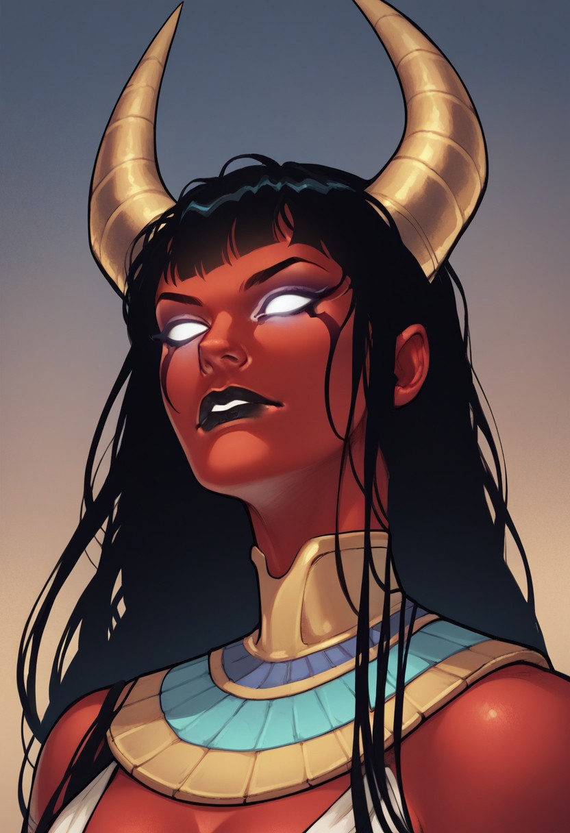 Score_9, score_8, score_7, 1girl, solo, zzEgyptian, Egyptian, 2d, PurgatoriDG, long hair, black hair, red skin, horns, white eyes, no pupils, portrait, upper body,