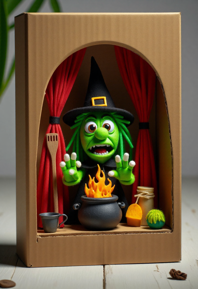 <lora:Finger_Puppet_Theater_FLUX-000013:0.9>
The image is a photograph of a whimsical, handcrafted diorama with a cardboard box set up as a stage,  featuring  a green witch brewing with her cauldron