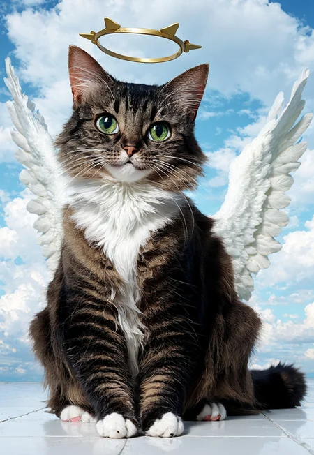 score_9, score_8_up, score_7_up, anime, source_anime, 1cat, solo, cute, sitting on a cloud in the sky, (((molly:1.2))), cat ears, angel wings, halo, long cat tail, sitting on floor, looking up at viewer, big eyes, green eyes, perfect paws, meowing, ((clouds background, outdoors, in the sky))